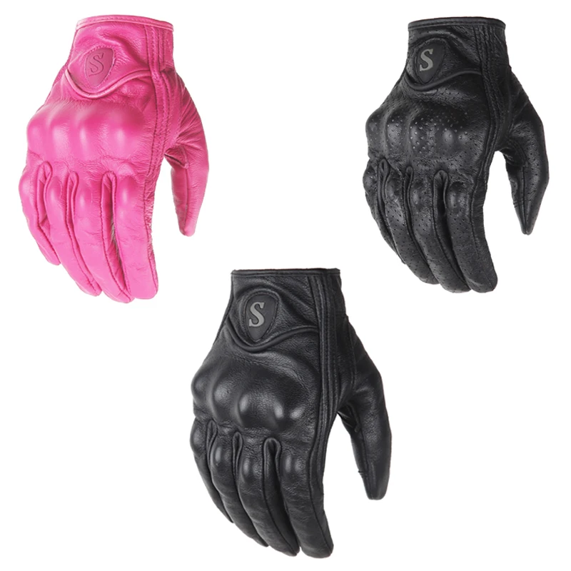 

New Genuine Leather Full Finger Women Pink Motorcycle Gloves Men Motorbike Protective Gears Moto Street Racing Glove