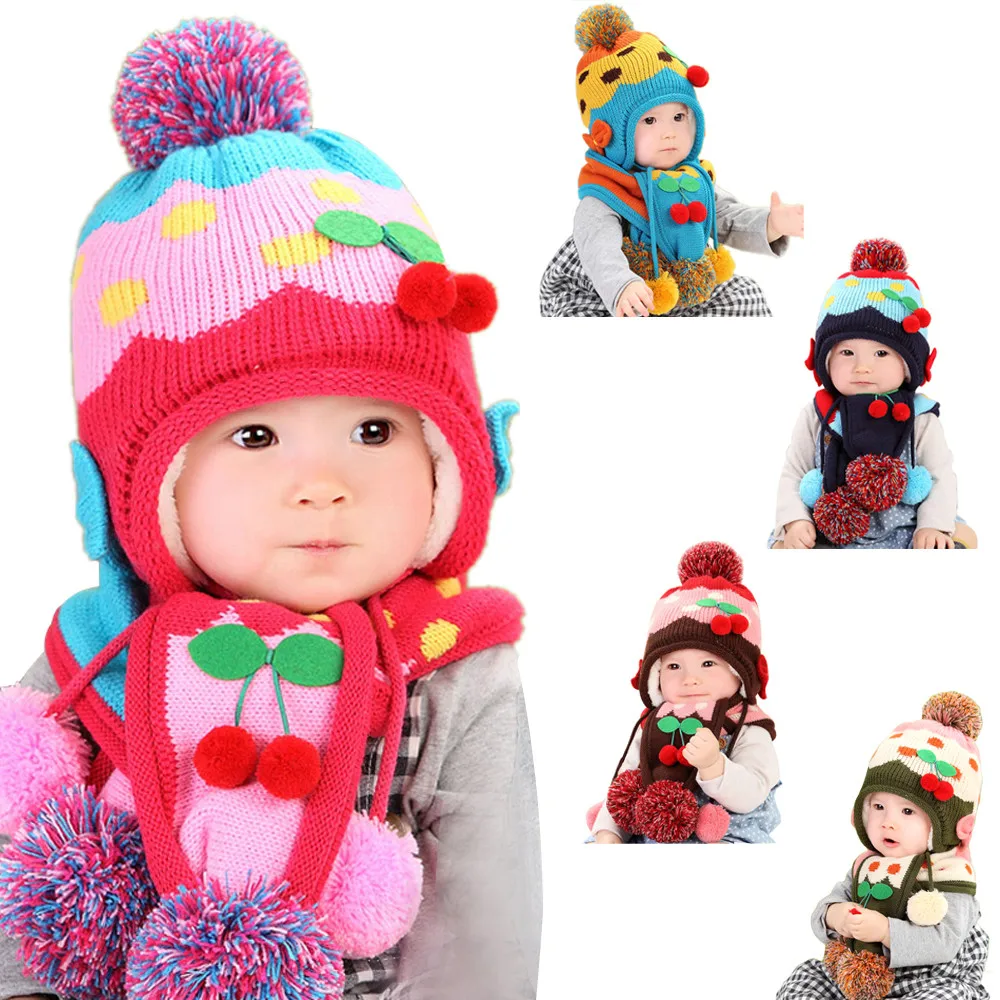 Baby Boys Girls Infant Cute Soft Winter Baby Wool Hat Hooded Scarf Earflap Knit Cap toddler