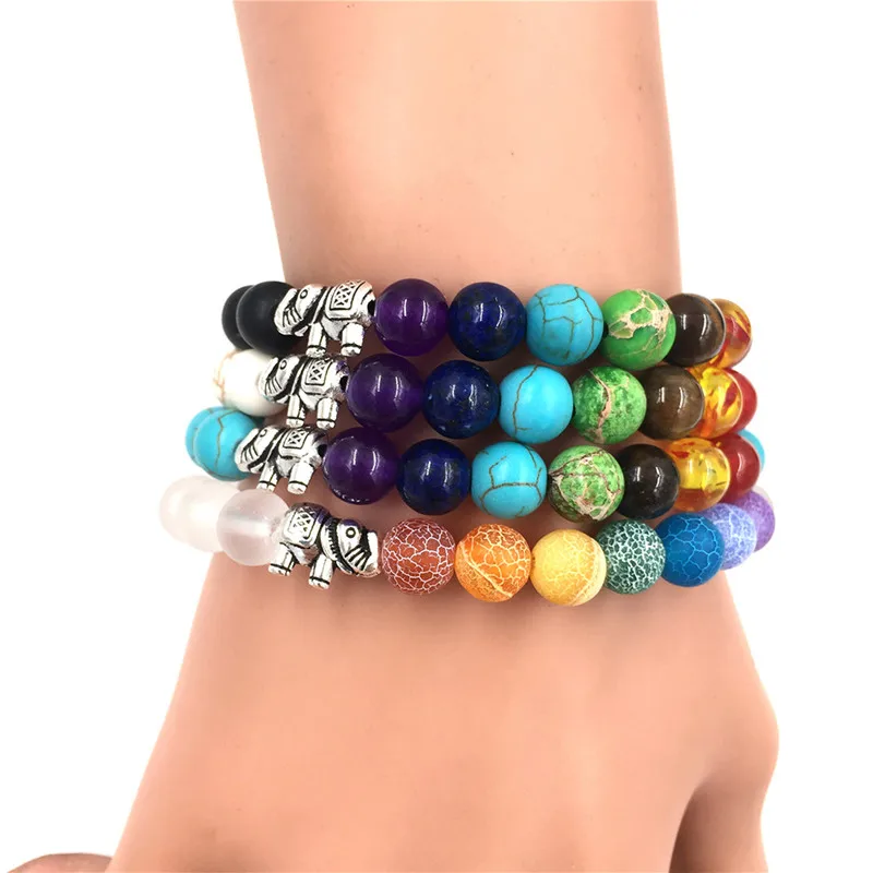 

7 Chakra Bracelet Men Multicolor Lava Healing Balance Beads Reiki Buddha Prayer Natural Stone Yoga Bracelet For Women Elephant
