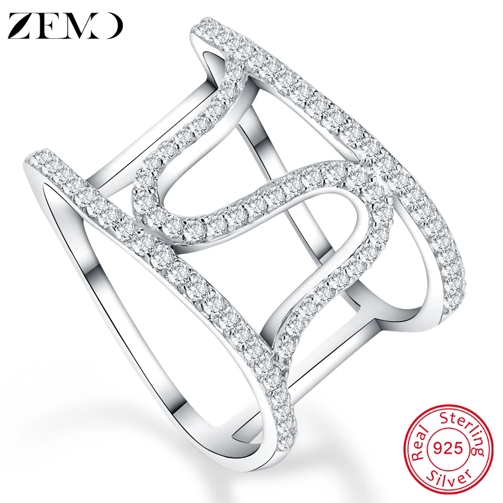 

ZEMO Wave Shape 925 Sterling Silver Rings Pave AAA Cubic Zirconia Wedding Ring Luxury Rhinestone Jewelry for Women Fashion Bands