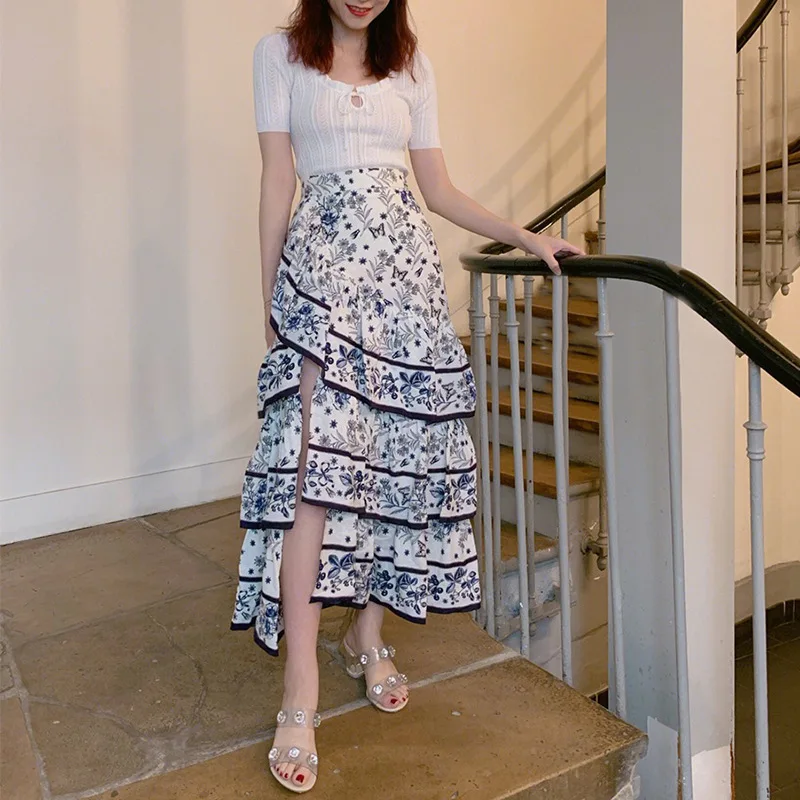 

Spring and Summer 2019 New Retro High-waist Lotus Leaf Bottom Printed Women's Half Skirt Print Skirt Women