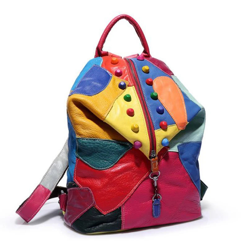 Fashion Chic Punk Rock Rivet Style Backpacks Genuine Leather Contrast Color School Backpack Matching Studded Zipper Bag Mochila