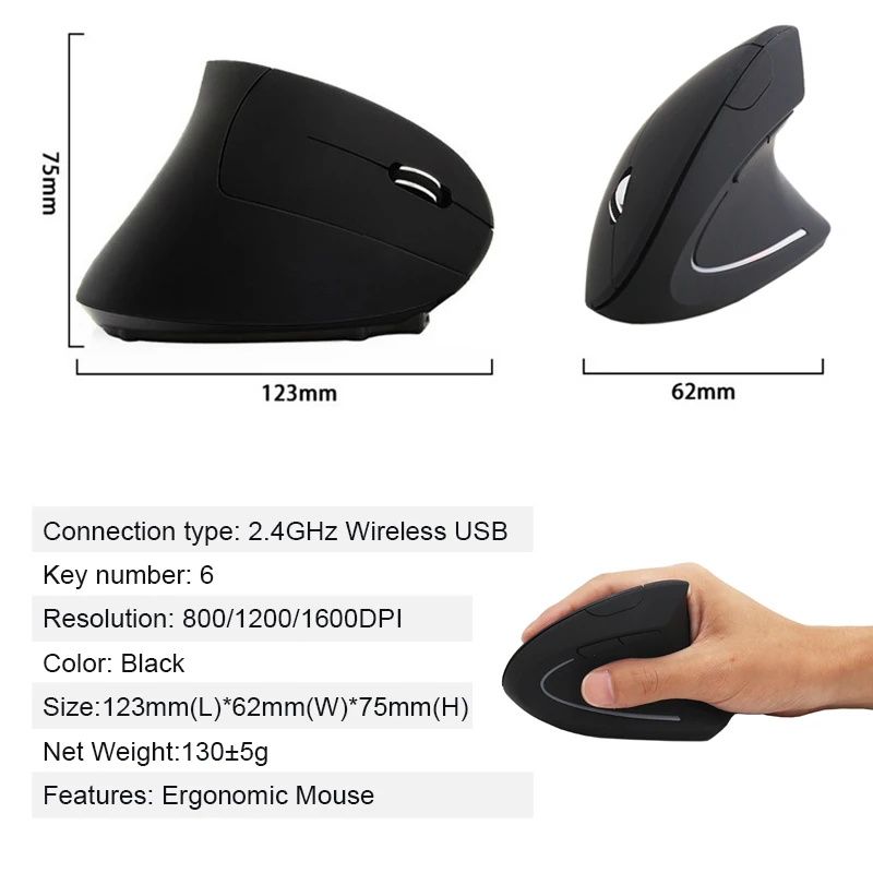 Эргономичная Вертикальная мышь, беспроводная батарея, оптическая компьютерная игровая мышь, 2,4 ГГц, USB 800, 1200, 1600, точек/дюйм, геймерские мыши с приемником для компьютера