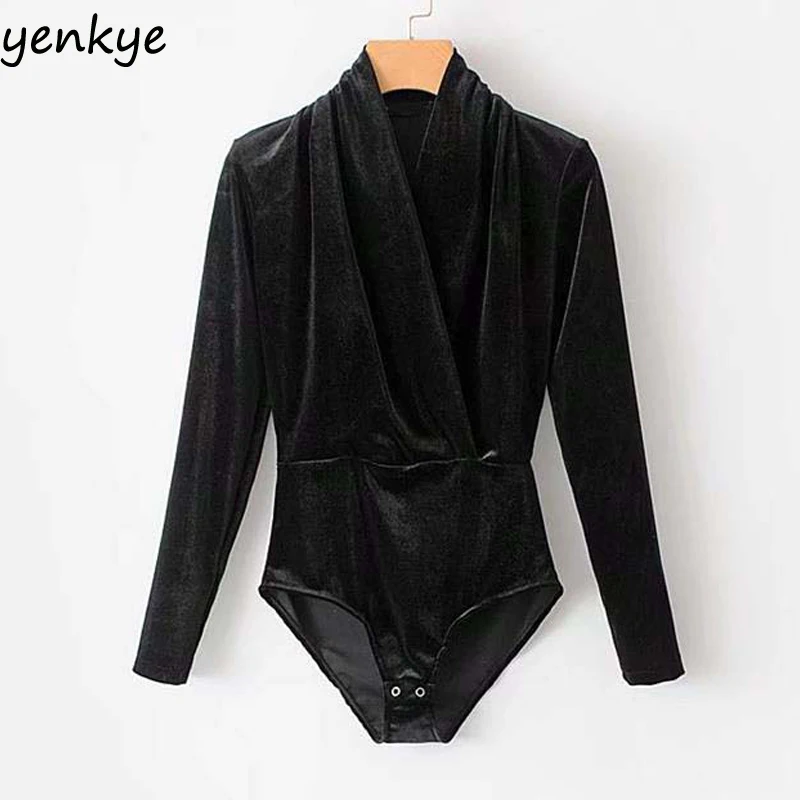 Vente Vintage Femmes Noir Velours Body Chemise Croix Col V À Manches Longues Casual Blouse Combishort Tops NMTZ0812