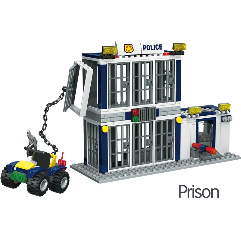 388 шт. строительные блоки городской полиции, совместимые с автомобилем, конечная тюрьма, вертолет, фигурки, кирпичи, развивающие игрушки для детей