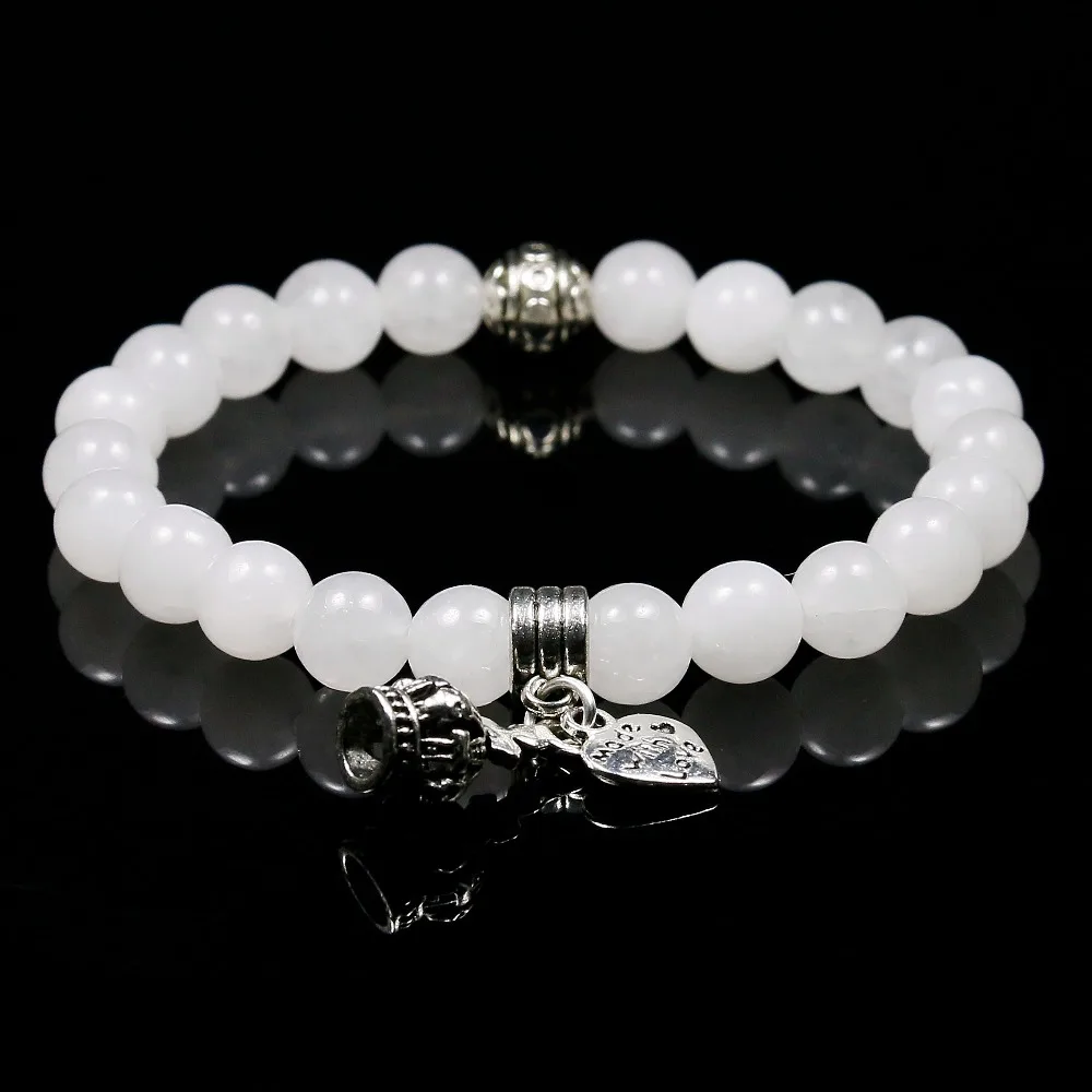 

Reiki White Quartz Bracelet Natural Crystal Gem Stone Mala Beads Crown Pendent Charms Meditation Ethnic Women Jewelry