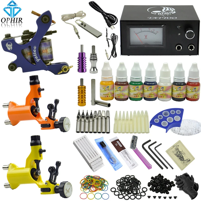 

OPHIR Tattoo Complete Kit 3pcs Pro Tattoo Guns & 7 Colors Tattoo Inks Needle &Nozzle Set for Body Tattoo _TA077