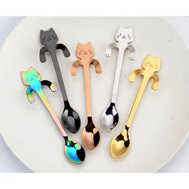 Cheap None Steel Cartoon Cat spoons Creative Ice Cream Dessert Coffee&Tea Spoon  Long Handle Hanging Spoon Tableware Kitchen Tool