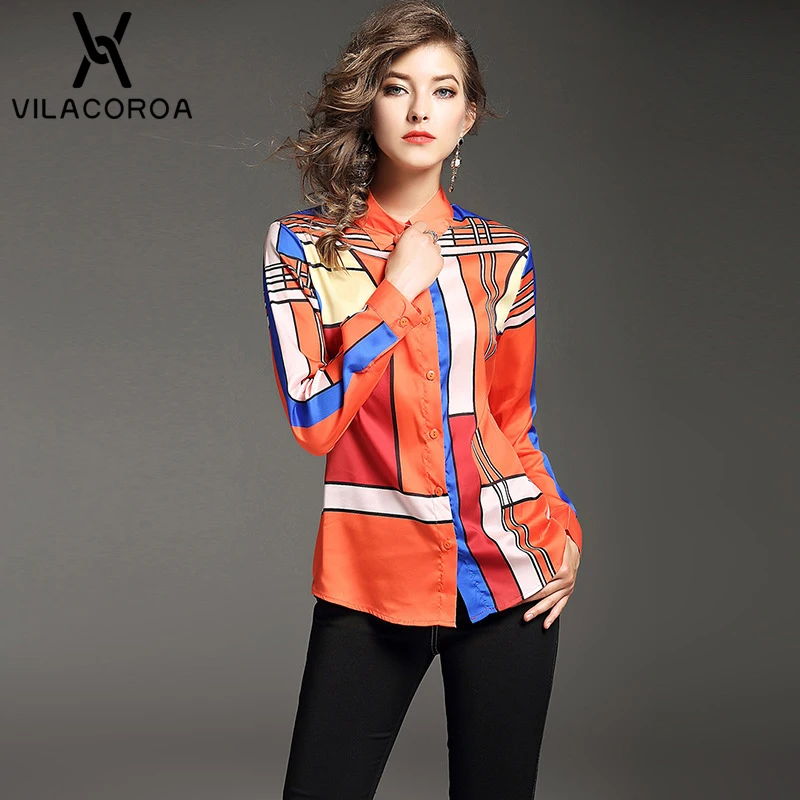 

Spring Long Sleeve Lapel Fashion Cool Orange Print Women's Blouse Blue Button Commute Elegant Women Shirt Streetwear Tops Blusas
