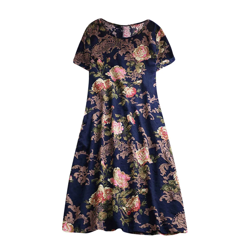 Женское Повседневное платье размера плюс, свободное льняное платье с коротким рукавом и цветочным принтом, женские вечерние платья-туники, vestidos verano, новинка - Цвет: Navy