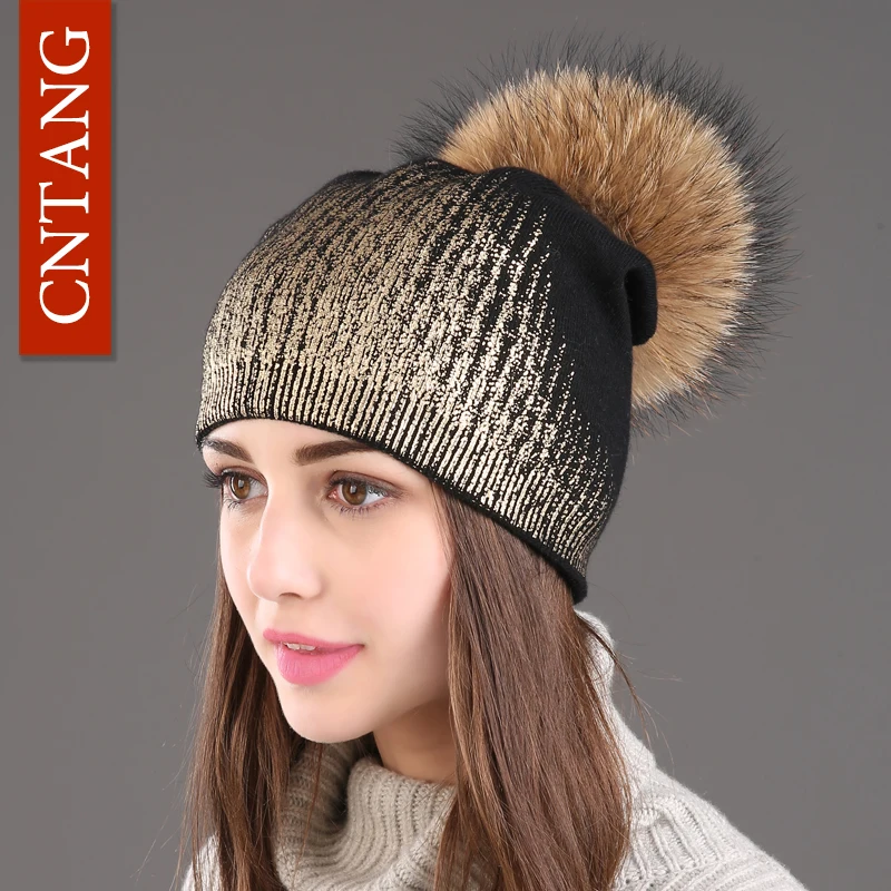 Baratos 2018 nuevos gorros de invierno para mujer, gorros de lana tejidos a la moda, gorras de piel de mapache Real, gorras de piel para mujer, gorras de piel estampadas