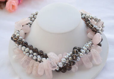 

huij 0033171 5row gray baroque pearl pink crystal smoky quartz bead necklace