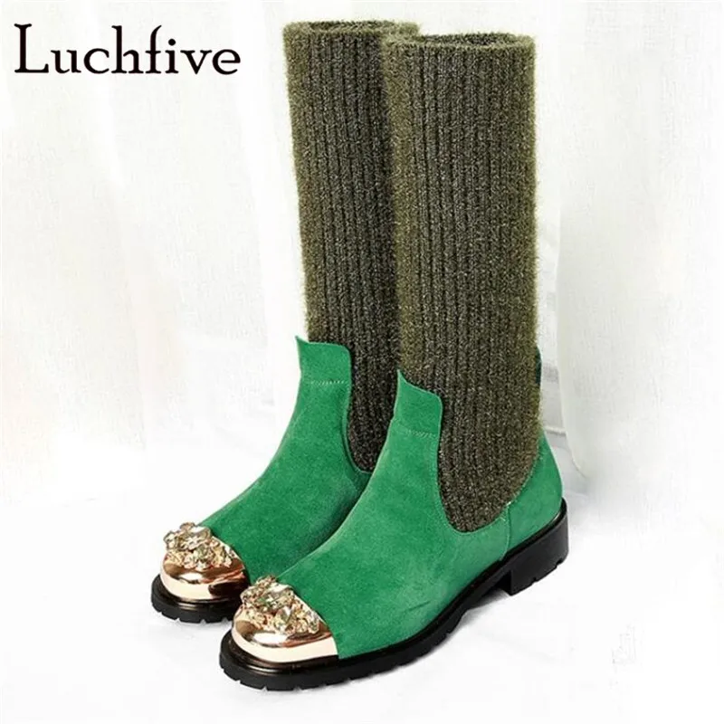 

Sexy Wool Elastic Knitting Short Boots BlingBling Crystal Kid Suede Shoes Woman Low Heels Slip on Green Black Botas Feminina