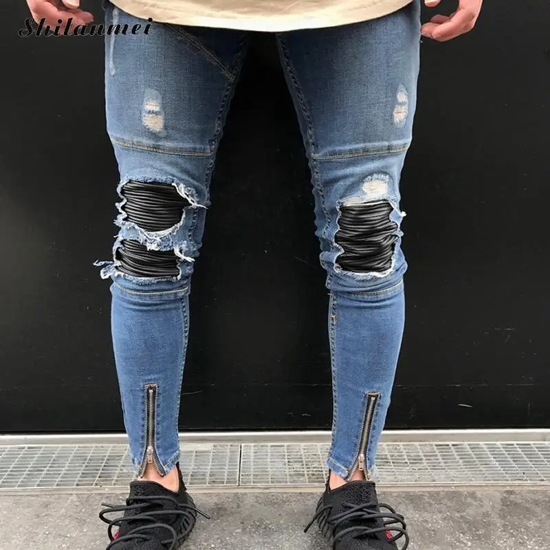 Hip Hop Swag Tyga Light Blue Patchwork biker Jeans 2017 Zipper Jeans