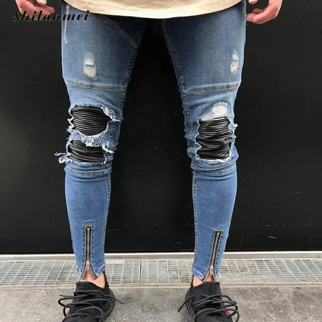 Hip Hop Swag Tyga Light Blue Patchwork biker Jeans 2017 Zipper Jeans