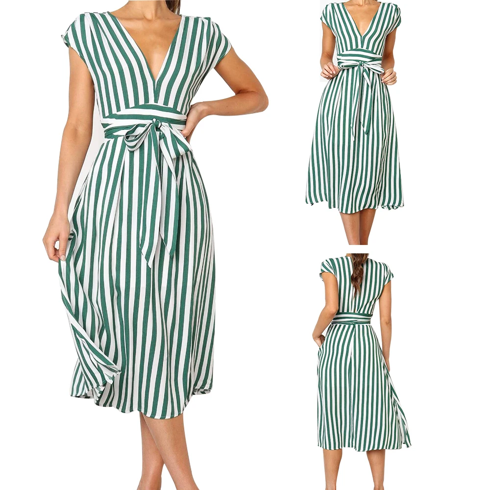 

Women 2019 New Deep V neck Sexy Ladies Striped Dress Bandage High Waist Sleeveless Summer Dresses Office Ladies Dresses Vestidos