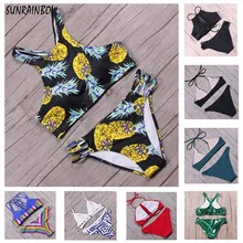 SUNRAINBOW 2017 Newest Sexy High Neck Bikinis Women Cut Out Swimsuit Bandage Swimwear Set Brazilian Printed Padded Bathing Suits