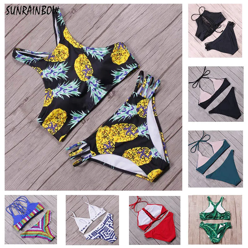 

SUNRAINBOW 2019 Newest Sexy High Neck Bikinis Women Cut Out Swimsuit Bandage Swimwear Set Brazilian Printed Padded Bathing Suits