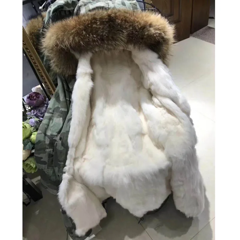 2018 Parka Silver Winter Jacket Women Real Fur Coat Big Natural Raccoon Fur Collar Hooded Rabbit Fur Parkas Warm Thick WT030
