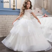 Белое платье цвета слоновой кости с цветочным узором для Девочек Пышные свадебные вечерние платья для девочек, платье для первого причастия, платье принцессы с кружевом