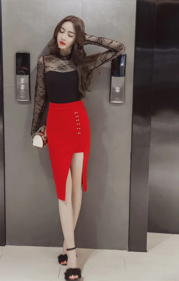 MSSNNG 2018 Slim split high waist bag hip skirt long skirt elegant professional skirt step skirt (12)