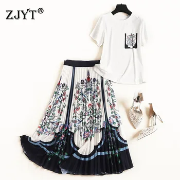 

Runway Designer 2 Piece Set Women 2019 Fashion Lady Summer Outfits Short Sleeve Casual Top and Floral Pleated Skirt Matching Set