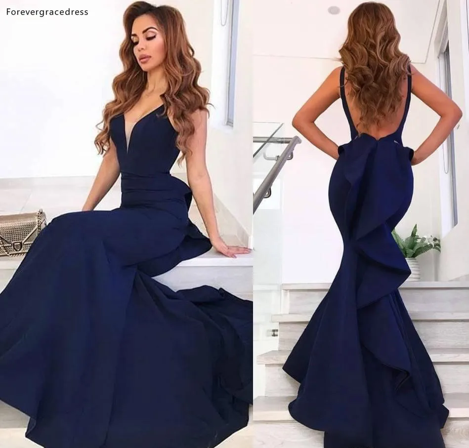 Sexy Open Back Navy Blue Mermaid Prom Dresses Pleats Ruffles Long Women Party Evening Gowns Cheap Onsale  115