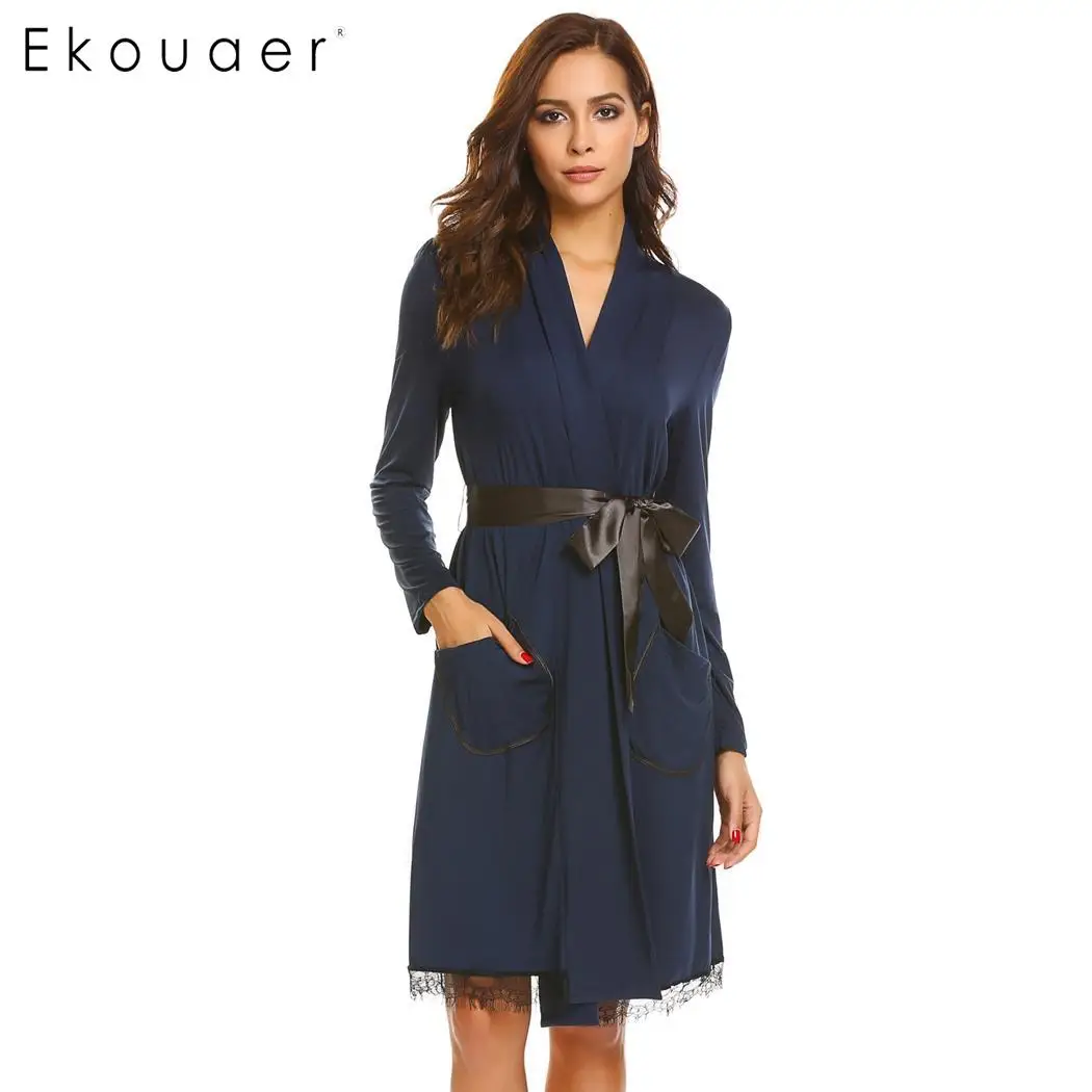 Ekouaer, женские халаты, ночное белье, кружевная отделка, длинный рукав, карманы, кимоно, пижамы, халаты, элегантные, для ванной, спа, халат, Женская домашняя одежда - Цвет: navy blue