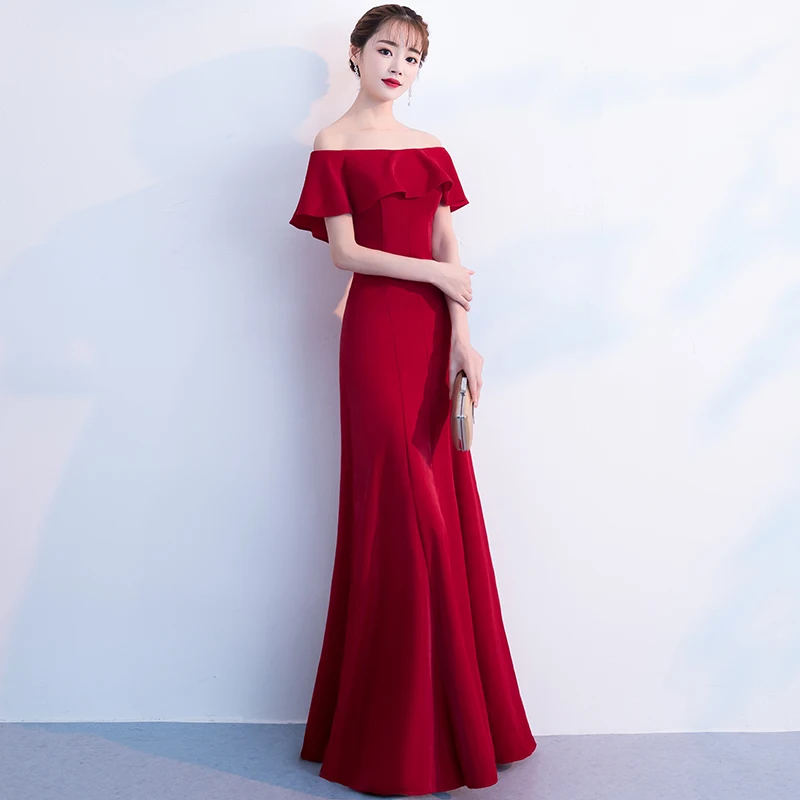 Elegant Wine Red Evening Dresses Long Ruffles Off The Shoulder A-line Floor-Length Simple Formal Evening Gowns For Women