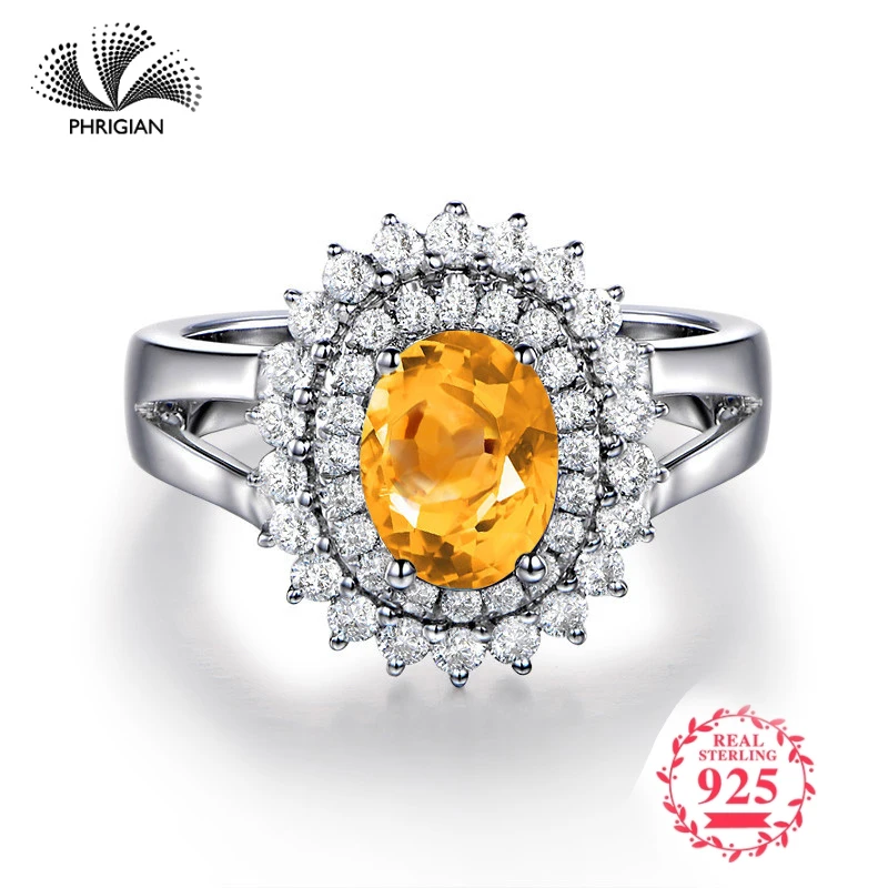 

NOT FAKE Fine natural Engraving Sterling silver gemstone oval cut ring Women custom jewelry 925 carat Yellow Citrine RING