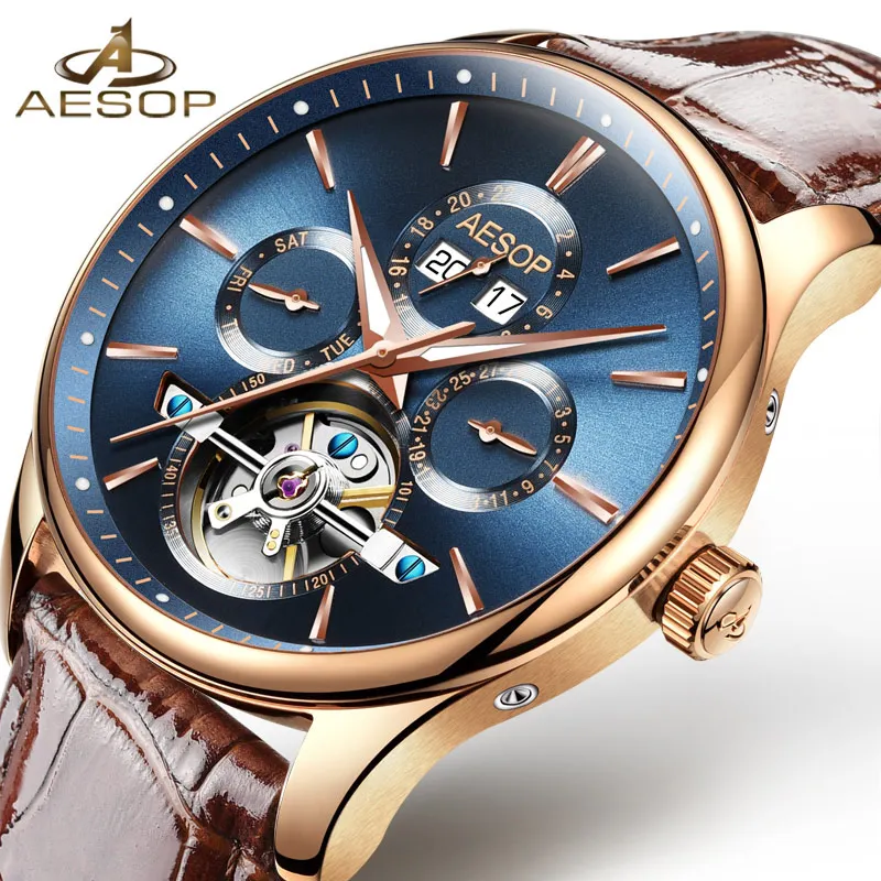 

Aesop Luxury tourbillon watch men Sapphire Stainless Steel Automatic machine Waterproof leather watch relogio masculino 2018 NEW