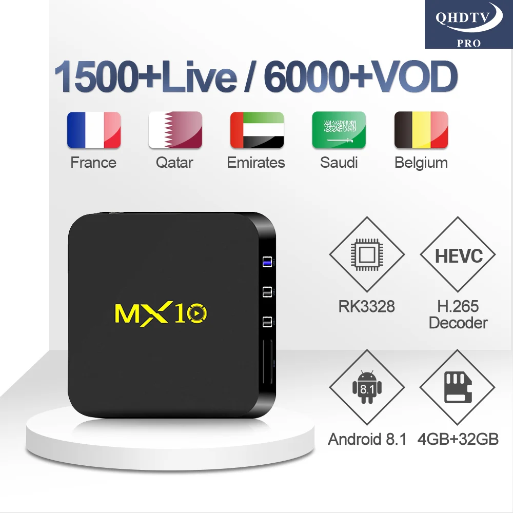 

Arabic French IPTV Subscription MX10 IPTV Box with 1 Year QHDTV Pro RK3328 Android 8.1 Box Netherlands Belgium IPTV Subscription