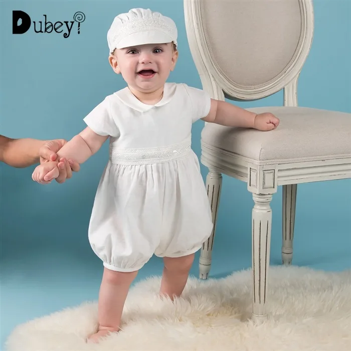 

Newborn Baby Boy Baptism Outfit Romper White Jumpsuit + Hat 2pcs Toddler Boy Romper New Born Baby Boy Onesie Clothes
