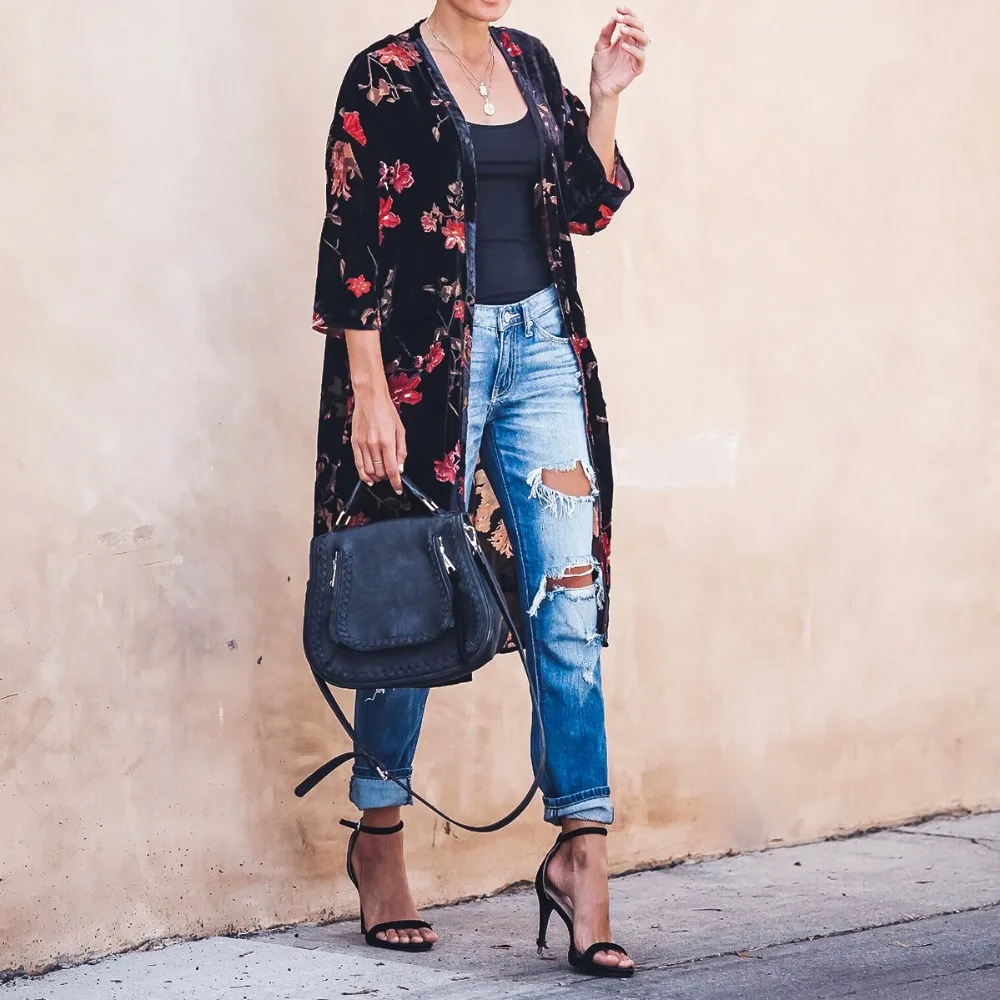 

Summer Women Vintage Floral Printed Loose Kimono Shirts Oversized Open Stitch Three Quarter Sleeve Beach Loose Blouse