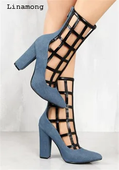 

2018 New Design Ankle Boots and The unique decorative effect formed by mixing materials square heel high heels boots