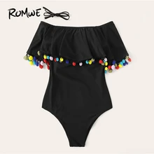 Romwe Спорт черный помпон отделка Волан Цельный купальник для женщин Лето с открытыми плечами Монокини провода бесплатно Универсальный купальник