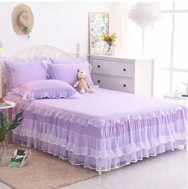3Pcs Blue Lace Bed Skirt Elegant Pink/Purple Princess Bedspread