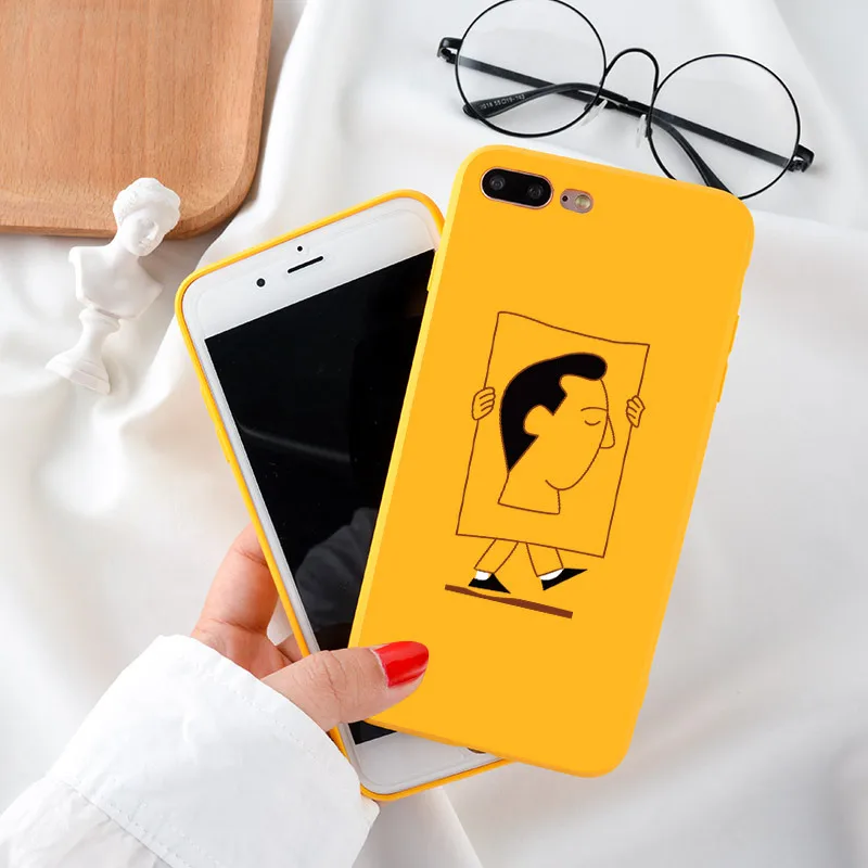 

Korea Simple Solid color yellow boyfriend cute phone case For coque iPhone 7 7 plus 8 plus case silicon for iPhone cover X XS XR