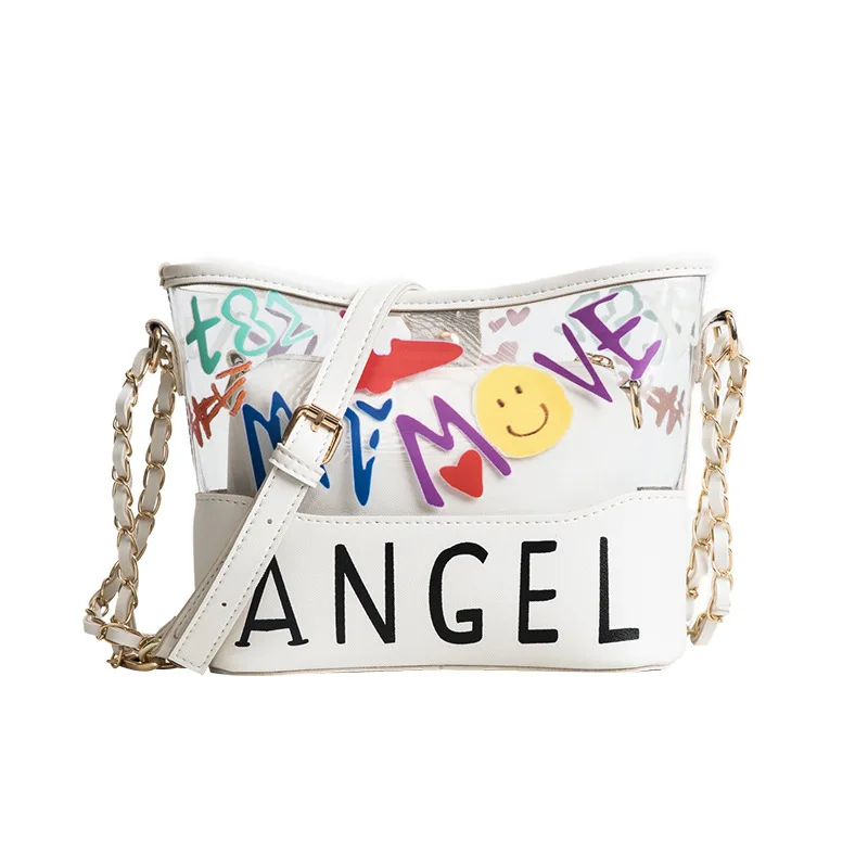 

Women Transparent Bag Clear PVC Jelly Small Tote Laser Holographic Shoulder Bags Female Lady graffiti joker chain bucket bag