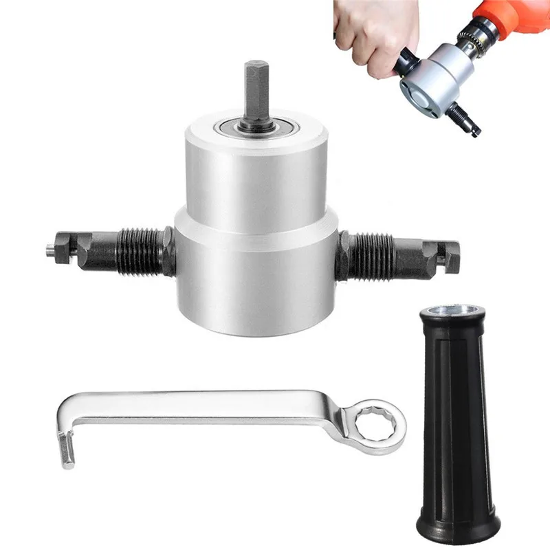 

Multipurpose 360 Degree Double Head Sheet Nibbler Metal Cutter Power Drill Attachment Saw Cutter Woodworking Cutting Tools TP003