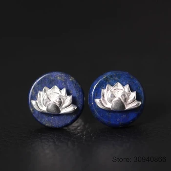 

925 Sterling Silver Lapis Lazuli Lotus Flower Stud Earrings Ethnic Style Elegant Lady Prevent Allergy Sterling-silver-jewelry