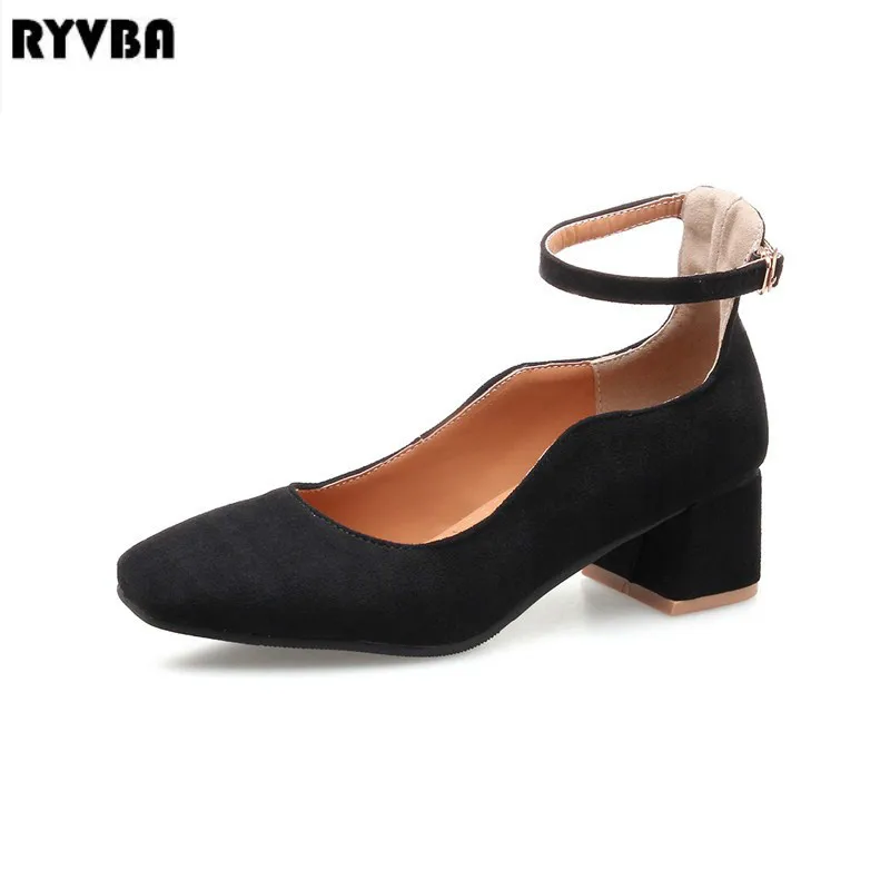 RYVBA women square mid heels pumps 2019 hot summer autumn woman nubuck wrok shoes ladies womens fashion suede black party pumps