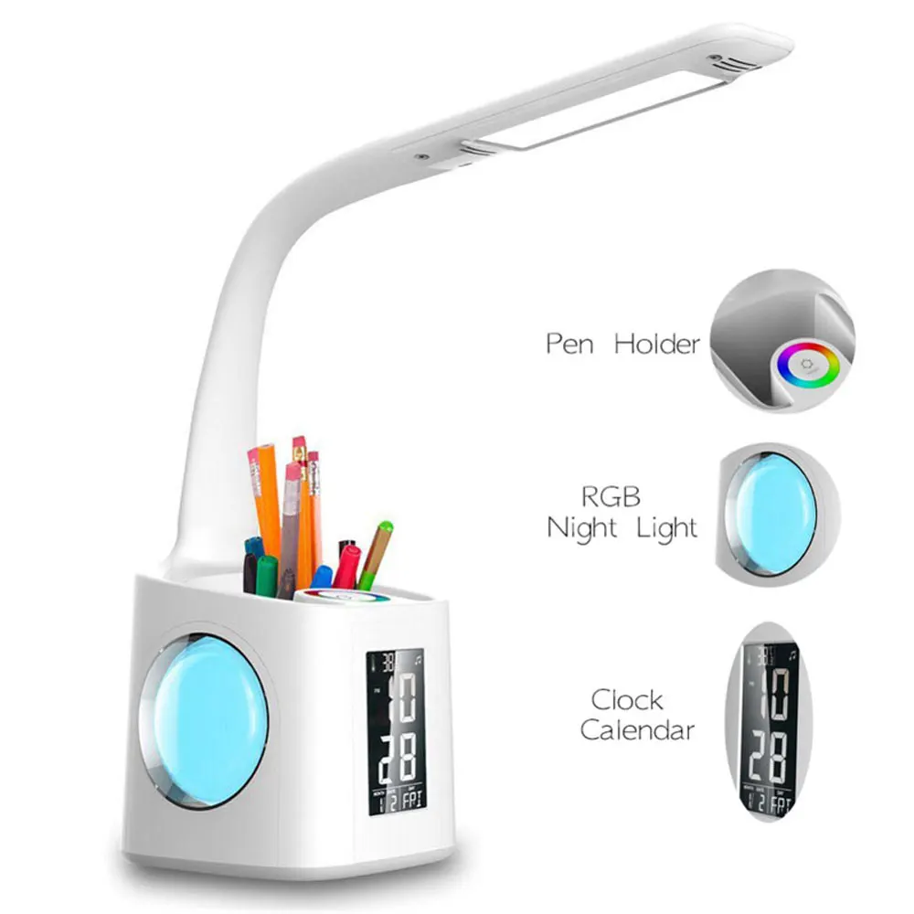 

LED Eye Protect Dimmable Desk Lamp LED Foldable Reading Table Lamp Light Touch Control Calendar Alarm Clock Temperature Lamp