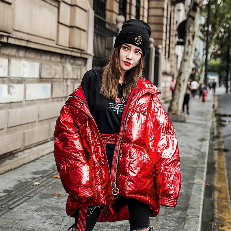 

Cotton Coat 2018 New Korean Women Chic Long Parkas Tops Fashion Red Metalic Thick Winter Overcoat Hippie Cool Casaco Feminino