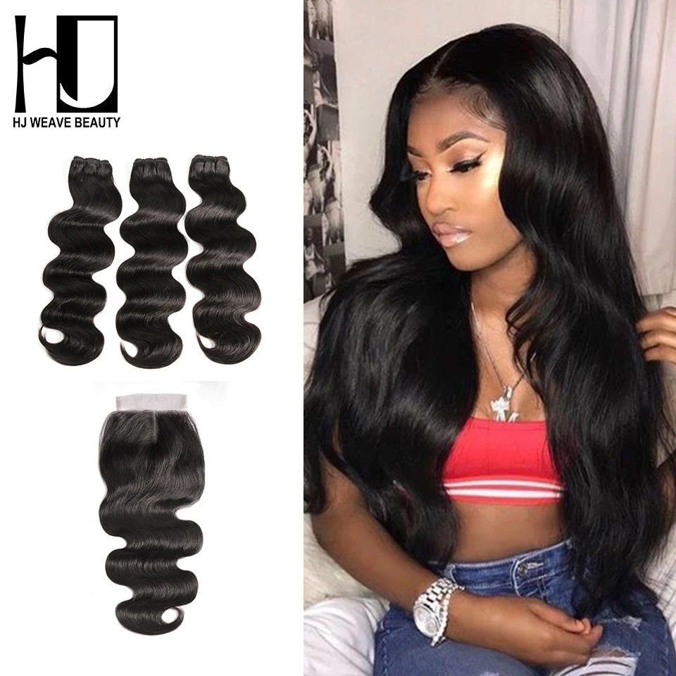 

HJ WEAVE BEAUTY Body Wave Raw Indian Virgin Hair 3 Bundles With Closure Human Hair Bundles With 4x4 Lace Closure Human Hair