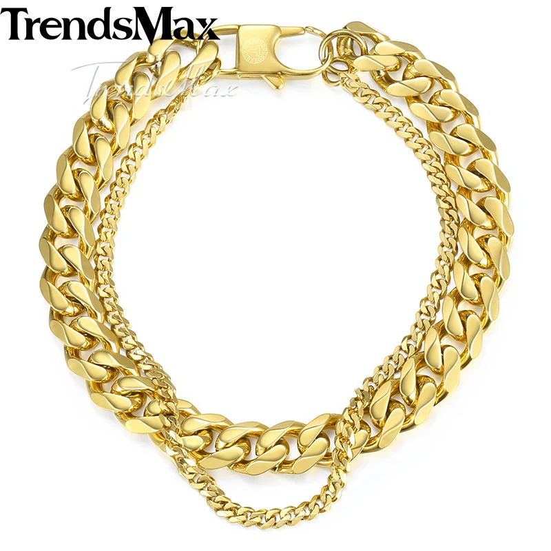 Trendsmax, полированный мужской браслет, Двойная Цепочка, пшеница, Снаряженная, кубинское звено, браслет из нержавеющей стали, серебряный, золотой цвет, 20 см, KDBM01