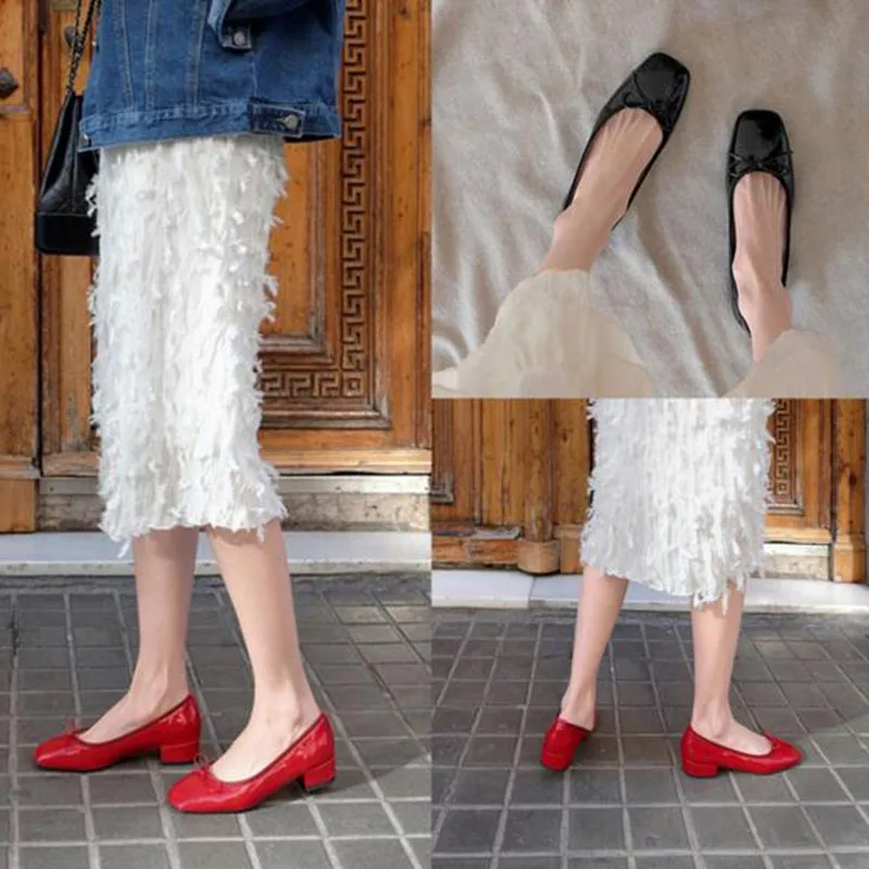 

Korean Style Women Ladies Shallow Mouth Patent Leather Pumps Shoes,Square Toe Butterfly-knot Design Med Heels Platform Shoes