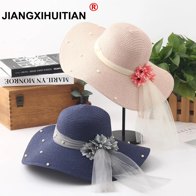 Summer Jazz Hats For Women/'s Pearl Design Casual Panama Wide Brim Adjustable Hat