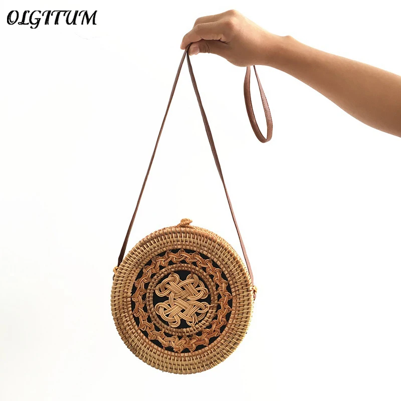 

INS Popular 2018 Hot Sale Circle Rattan Bag Boho Vintage Round Handmade Woven Beach Bag Fashion Hollow Out Hasp Shoulder Bag