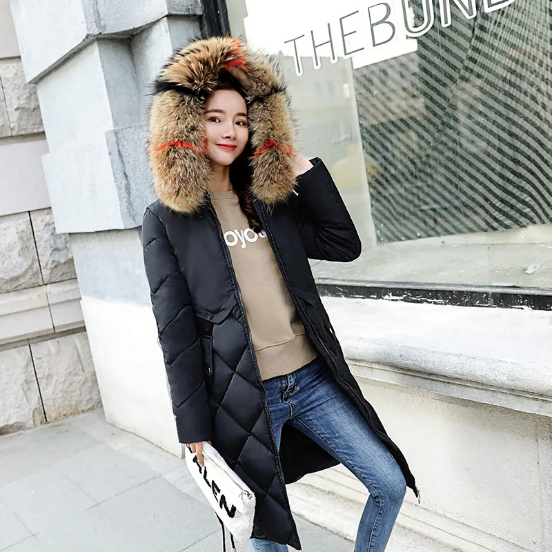 

Diamond lattice design Women's winter down jacket long slim slimming even hat Korean version of the waist thick cotton jacket
